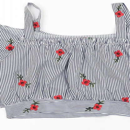 PARISIAN SIGNATURE Womens Blue Striped Polyester Cropped Blouse Size M Square Neck - Flower