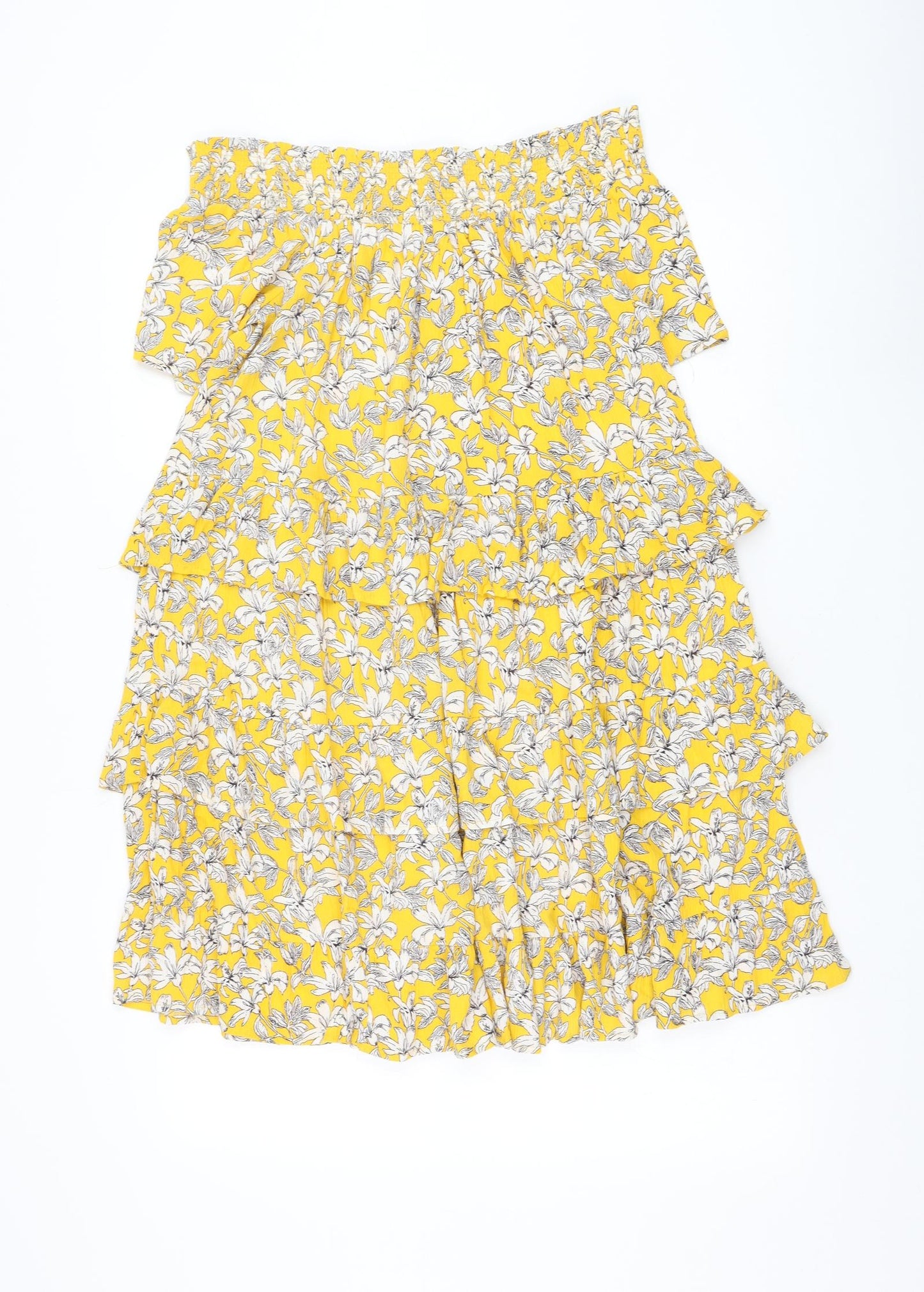 F&F Womens Yellow Floral Viscose Trapeze & Swing Size 10 Off the Shoulder Pullover - Tiered