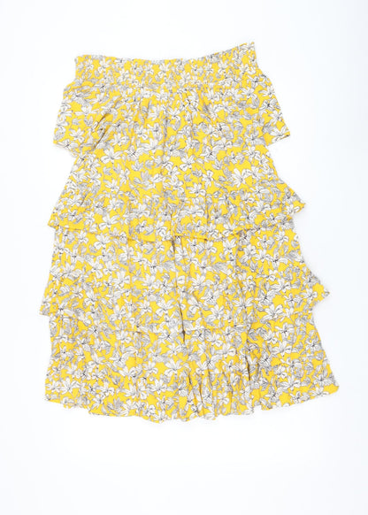 F&F Womens Yellow Floral Viscose Trapeze & Swing Size 10 Off the Shoulder Pullover - Tiered