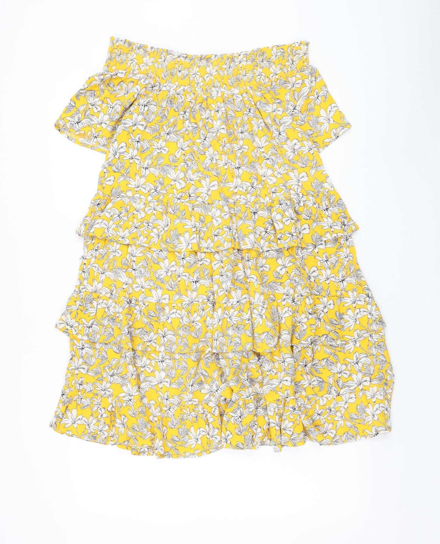 F&F Womens Yellow Floral Viscose Trapeze & Swing Size 10 Off the Shoulder Pullover - Tiered