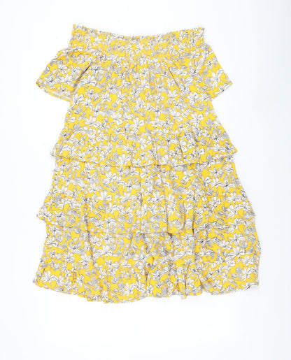 F&F Womens Yellow Floral Viscose Trapeze & Swing Size 10 Off the Shoulder Pullover - Tiered