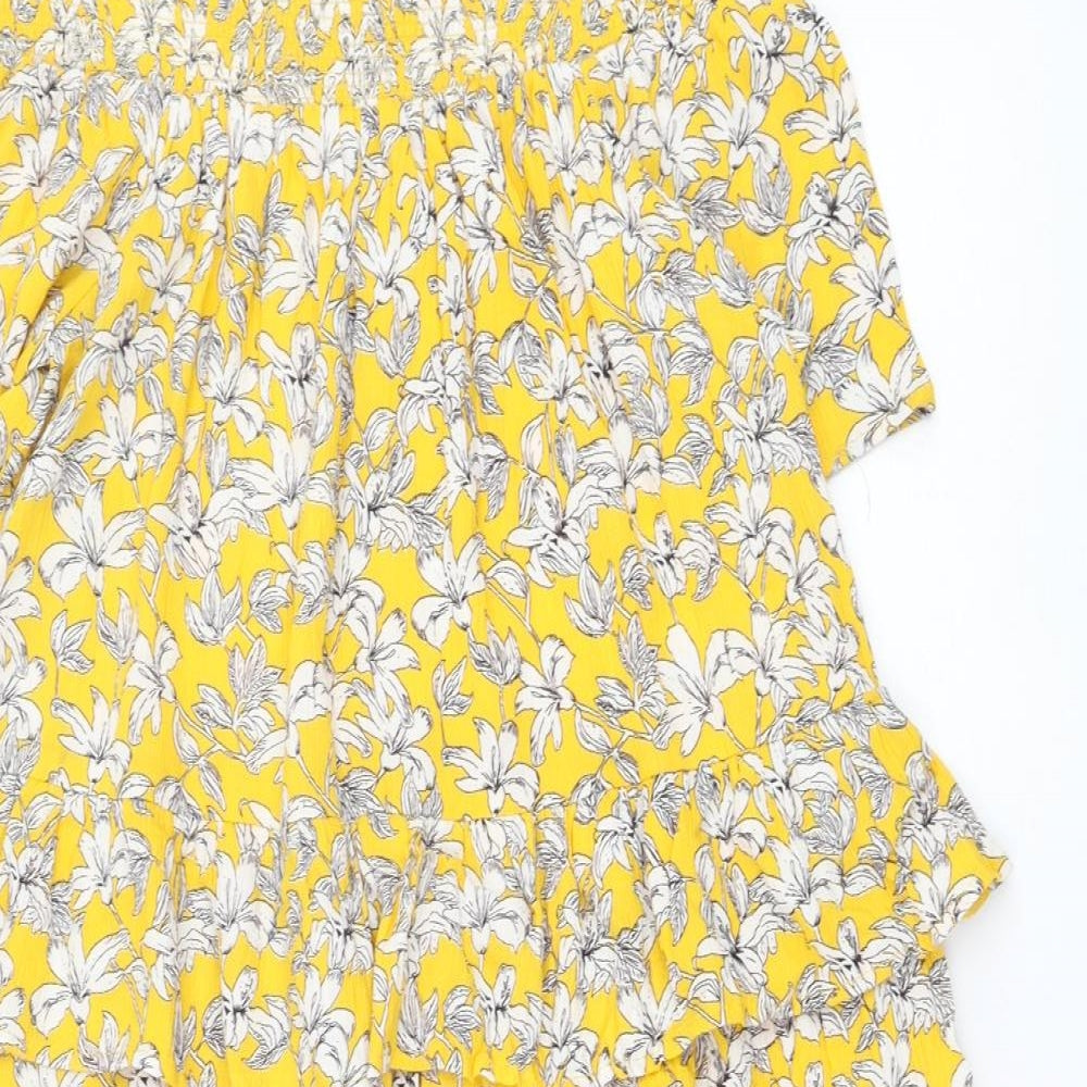 F&F Womens Yellow Floral Viscose Trapeze & Swing Size 10 Off the Shoulder Pullover - Tiered