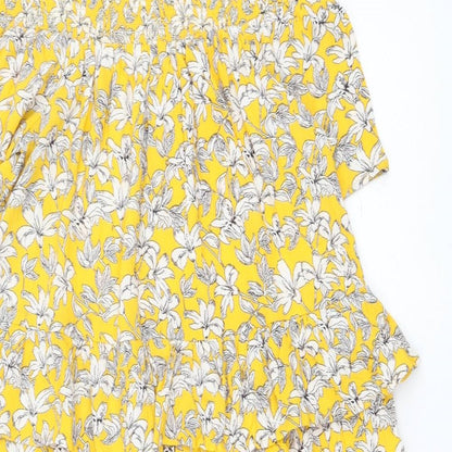 F&F Womens Yellow Floral Viscose Trapeze & Swing Size 10 Off the Shoulder Pullover - Tiered