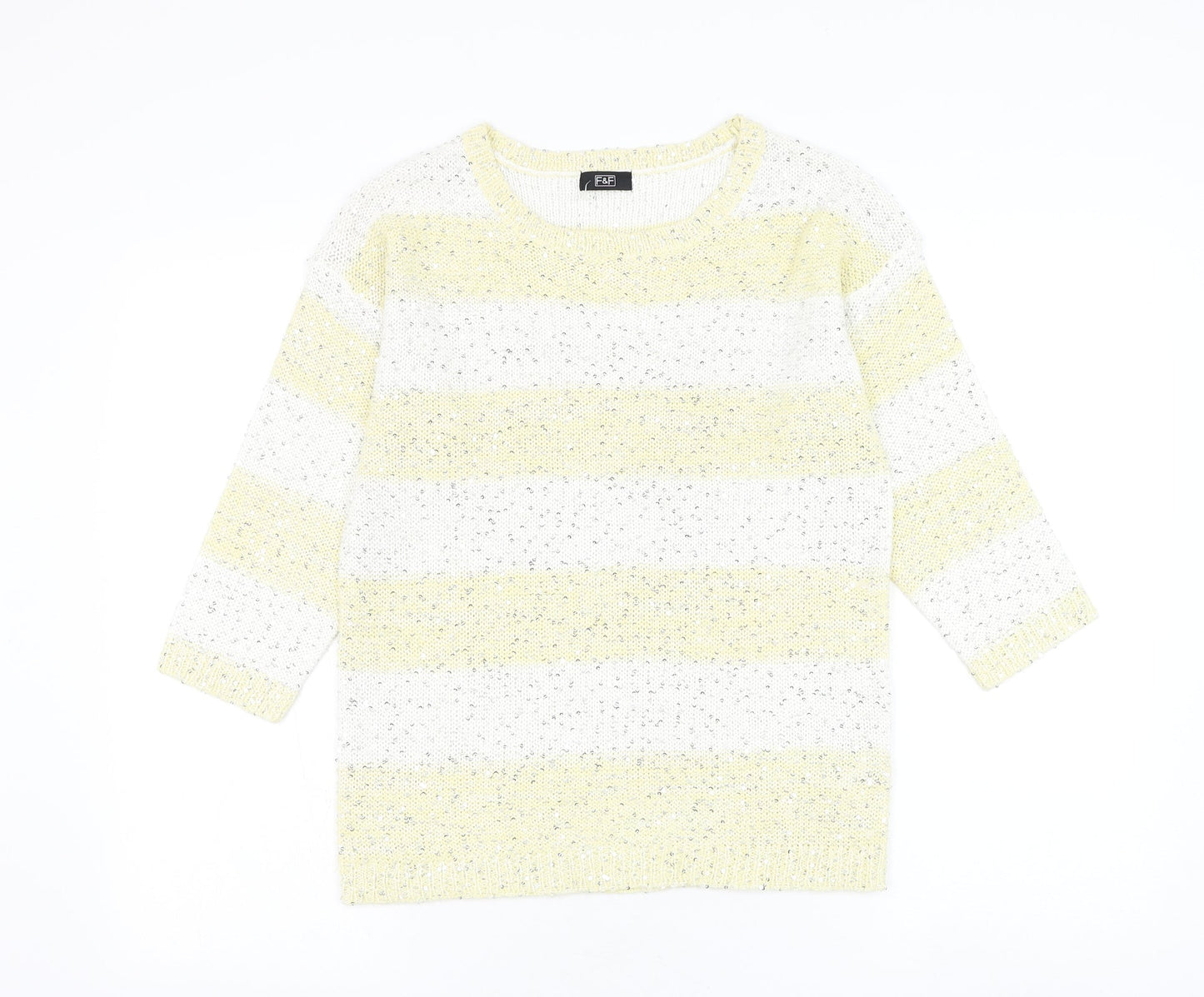 F&F Womens Yellow Round Neck Striped Acrylic Pullover Jumper Size 6