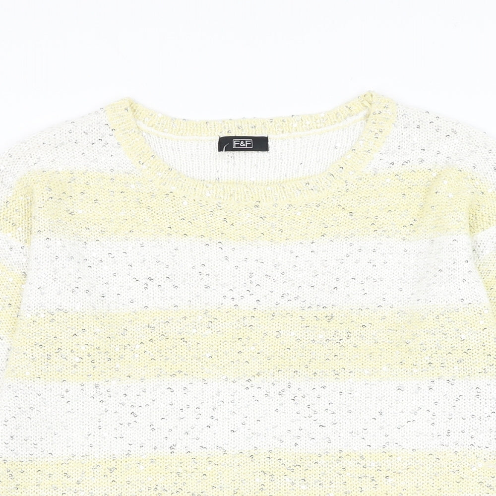 F&F Womens Yellow Round Neck Striped Acrylic Pullover Jumper Size 6