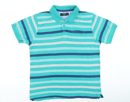 Dunnes Stores Mens Green Striped Cotton Polo Size S Collared Button