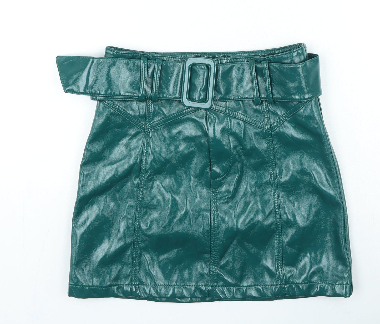 FOREVER 21 Womens Green Polyester Mini Skirt Size S Buckle - Faux Leather