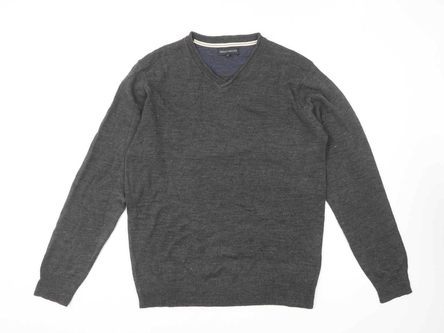 Industrialize Mens Grey V-Neck Acrylic Pullover Jumper Size L