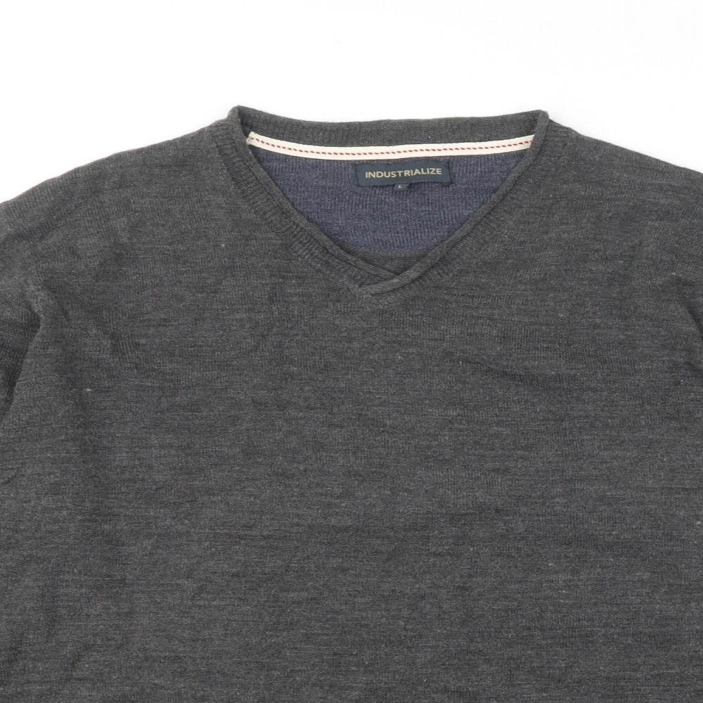 Industrialize Mens Grey V-Neck Acrylic Pullover Jumper Size L