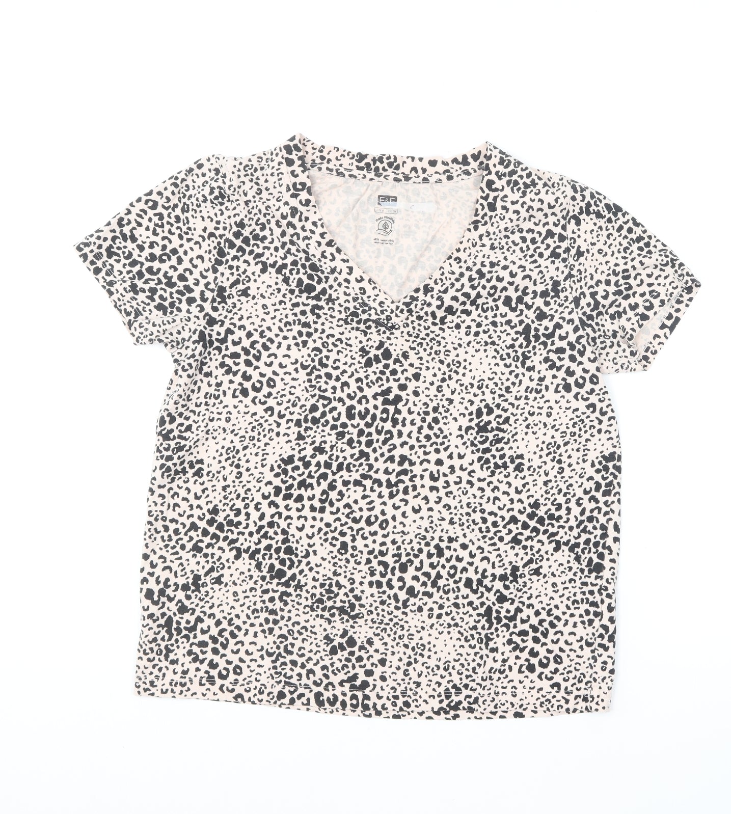 F&F Womens Beige Animal Print Cotton Basic T-Shirt Size 8 V-Neck