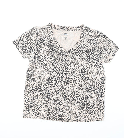 F&F Womens Beige Animal Print Cotton Basic T-Shirt Size 8 V-Neck