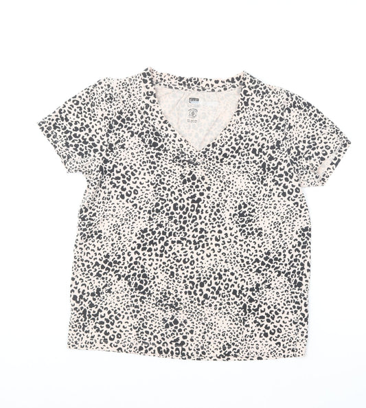 F&F Womens Beige Animal Print Cotton Basic T-Shirt Size 8 V-Neck