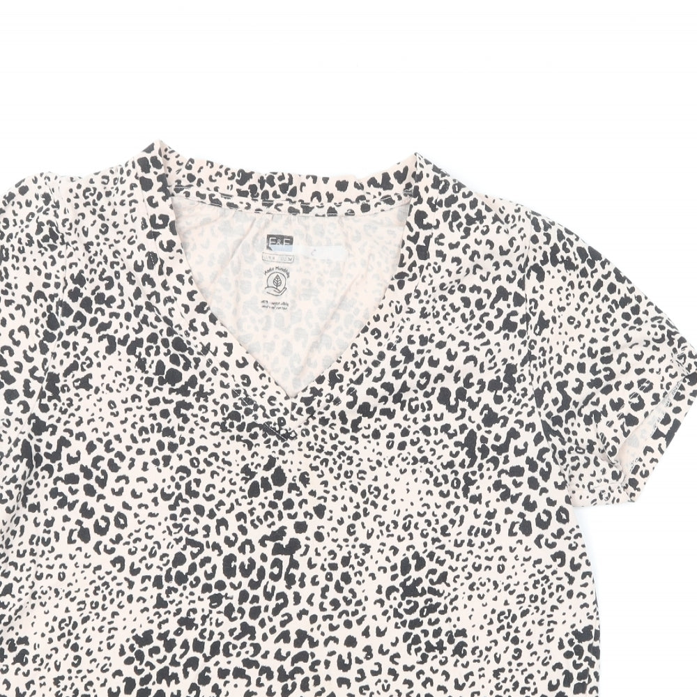 F&F Womens Beige Animal Print Cotton Basic T-Shirt Size 8 V-Neck