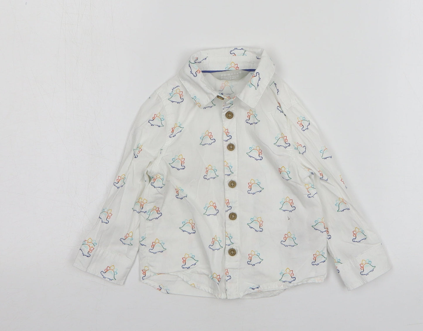 Primark Boys White Cotton Basic Button-Up Size 9-12 Months Collared Button - Dinosaur