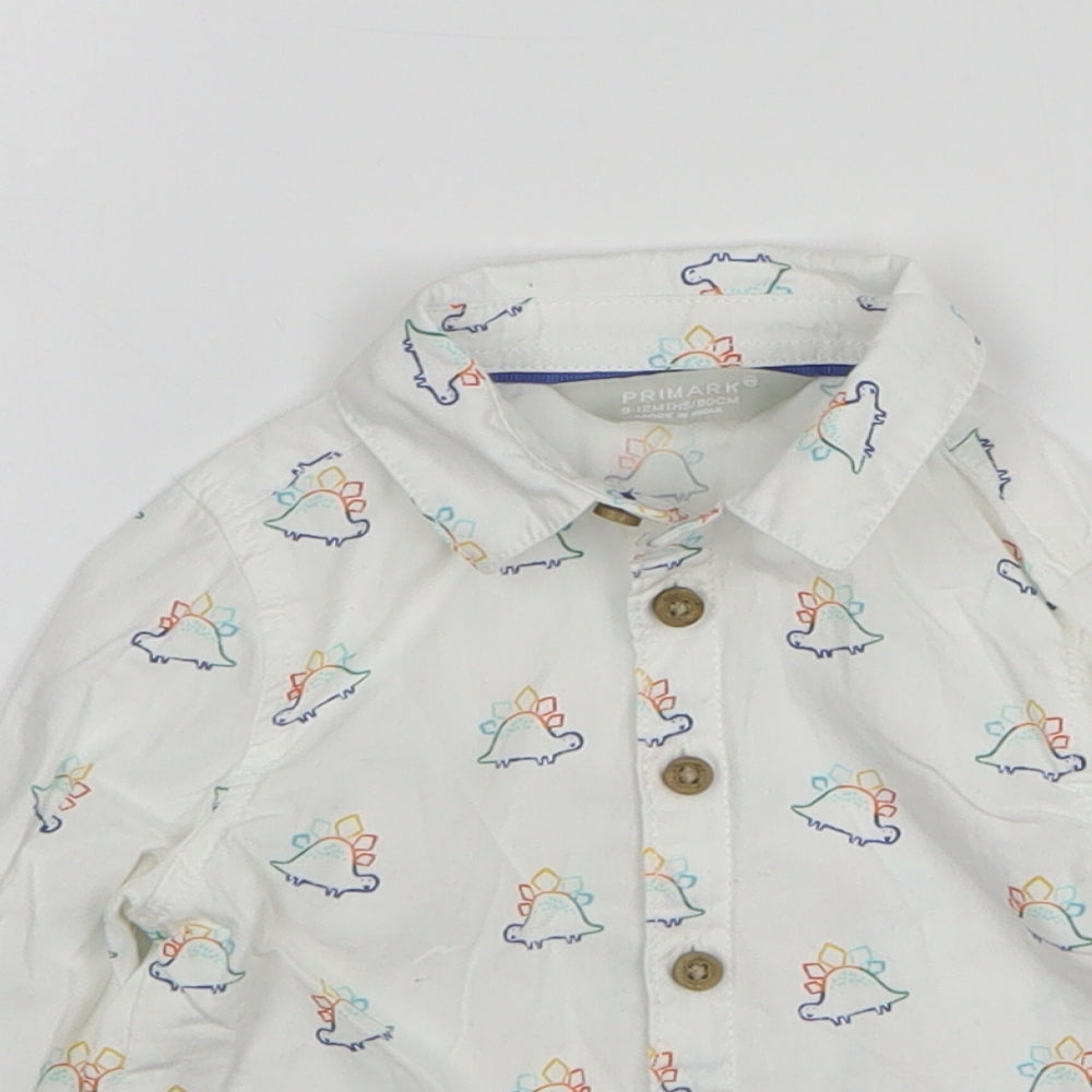 Primark Boys White Cotton Basic Button-Up Size 9-12 Months Collared Button - Dinosaur