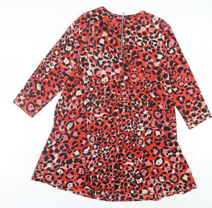 F&F Womens Red Animal Print Polyester A-Line Size 12 Crew Neck Zip