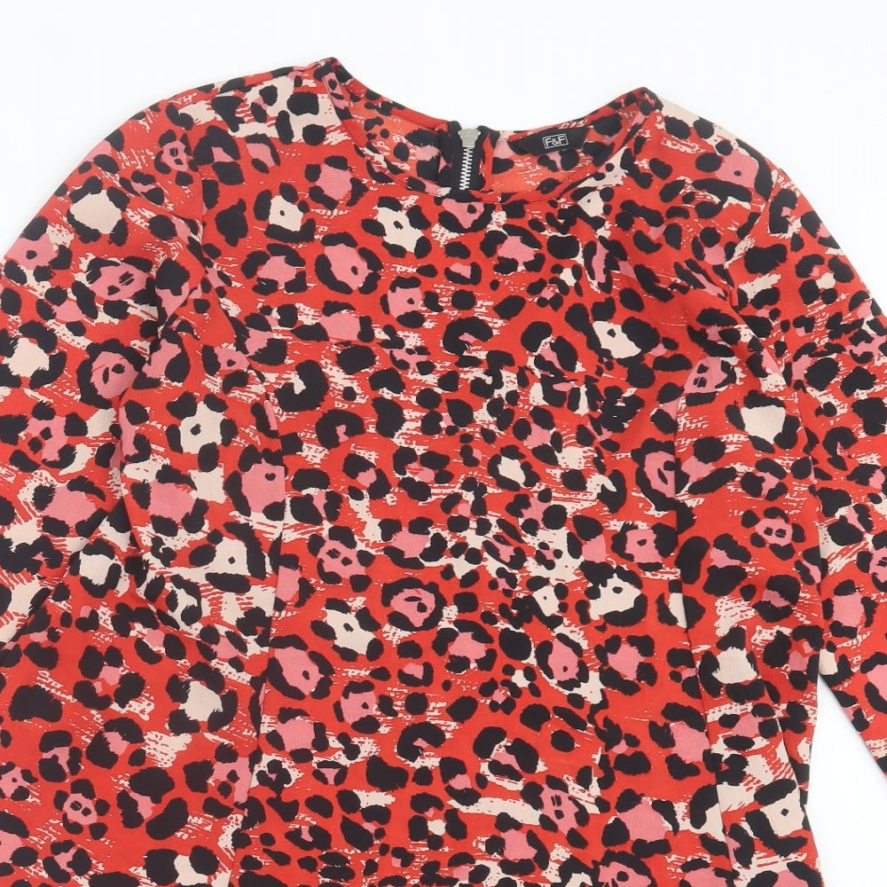 F&F Womens Red Animal Print Polyester A-Line Size 12 Crew Neck Zip
