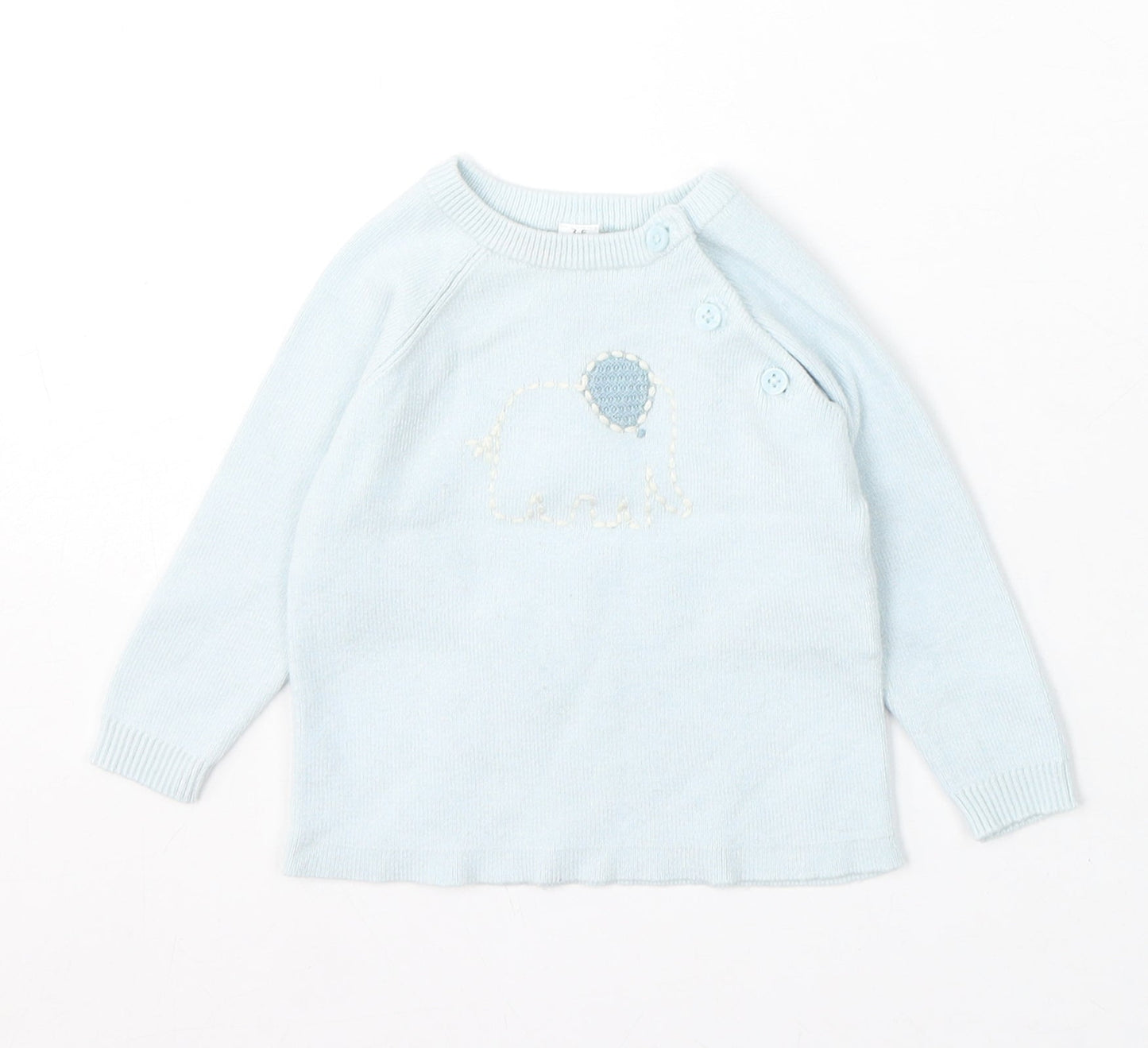 Marks and Spencer Girls Blue Viscose Pullover Jumper Size 3-6 Months Button - Elephants