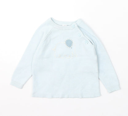 Marks and Spencer Girls Blue Viscose Pullover Jumper Size 3-6 Months Button - Elephants