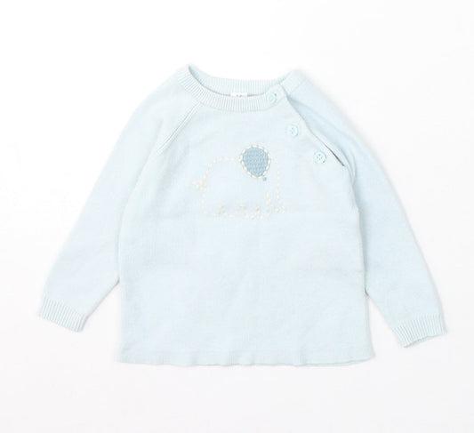 Marks and Spencer Girls Blue Viscose Pullover Jumper Size 3-6 Months Button - Elephants