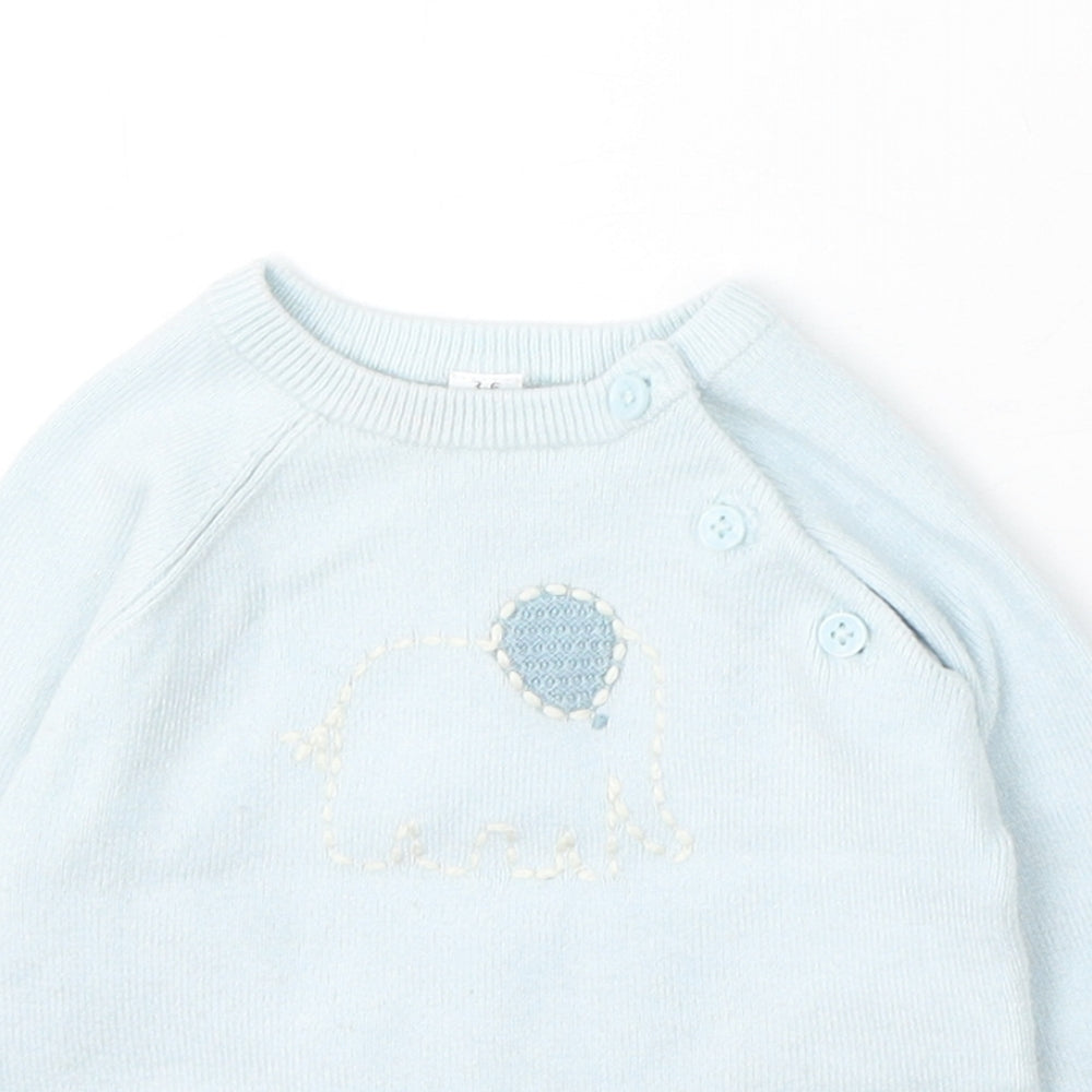 Marks and Spencer Girls Blue Viscose Pullover Jumper Size 3-6 Months Button - Elephants