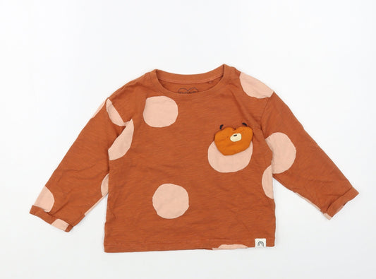 NEXT Girls Brown Polka Dot Cotton Pullover T-Shirt Size 2-3 Years Crew Neck Pullover - Cute Bear Detail
