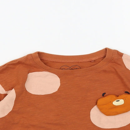 NEXT Girls Brown Polka Dot Cotton Pullover T-Shirt Size 2-3 Years Crew Neck Pullover - Cute Bear Detail