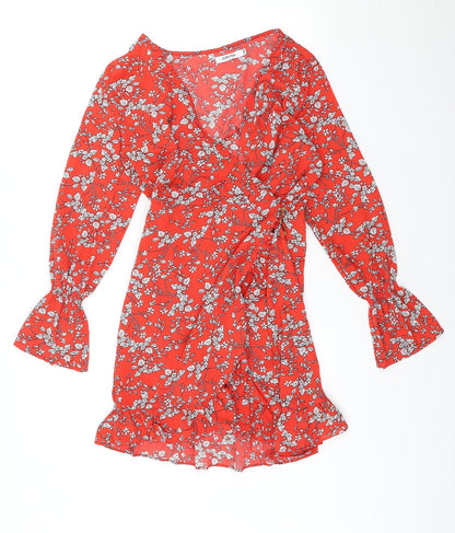 Jubylee Womens Red Floral Polyester Wrap Dress Size S V-Neck Pullover - Poet Sleeve