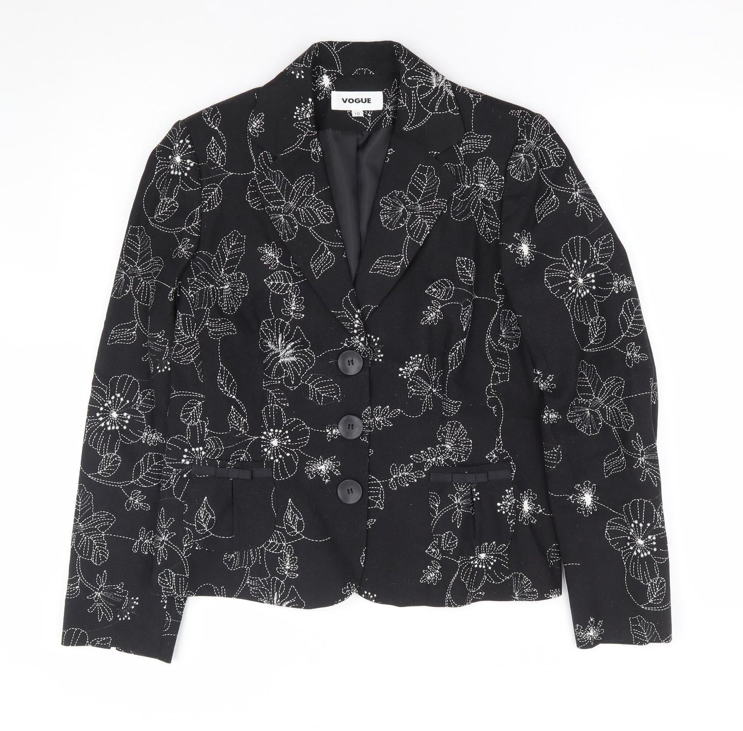 Vogue Womens Black Floral Viscose Jacket Blazer Size 10 - Embroidered