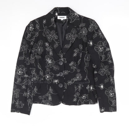 Vogue Womens Black Floral Viscose Jacket Blazer Size 10 - Embroidered