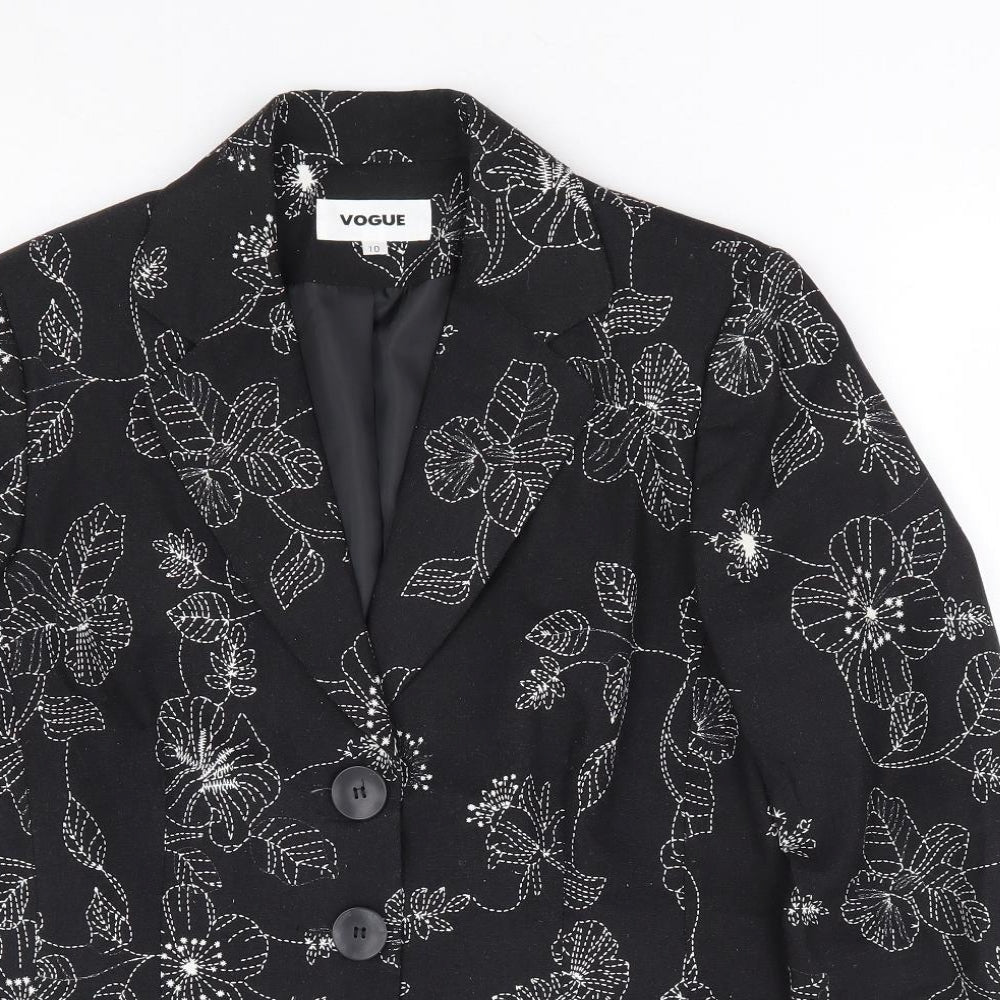 Vogue Womens Black Floral Viscose Jacket Blazer Size 10 - Embroidered