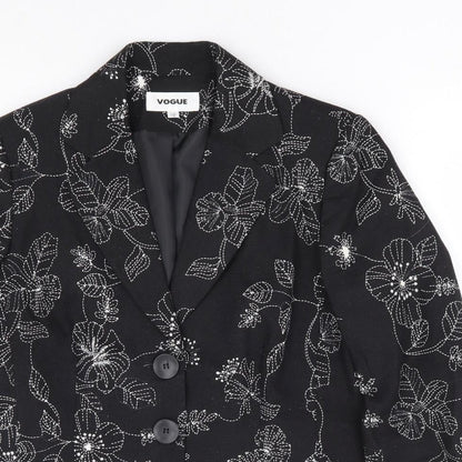 Vogue Womens Black Floral Viscose Jacket Blazer Size 10 - Embroidered