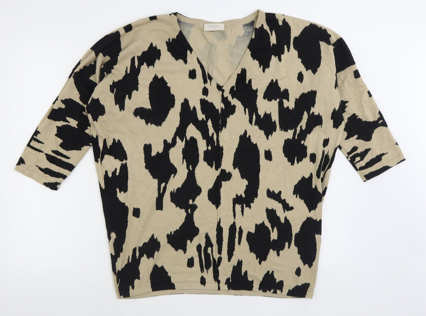 Free/Quent Womens Brown V-Neck Animal Print Viscose Pullover Jumper Size L