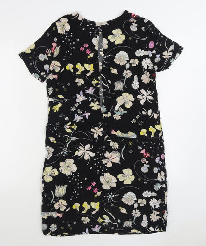 H&M Womens Black Floral Viscose Sheath Size 8 Boat Neck Button