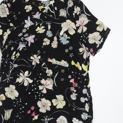 H&M Womens Black Floral Viscose Sheath Size 8 Boat Neck Button