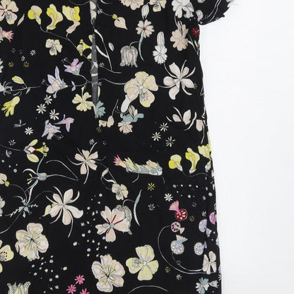 H&M Womens Black Floral Viscose Sheath Size 8 Boat Neck Button