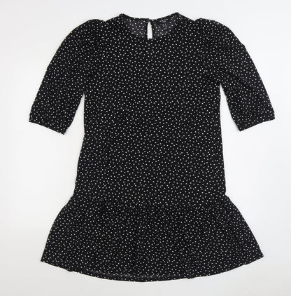 New Look Womens Black Polka Dot Polyester Fit & Flare Size 12 Round Neck Button