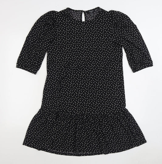 New Look Womens Black Polka Dot Polyester Fit & Flare Size 12 Round Neck Button