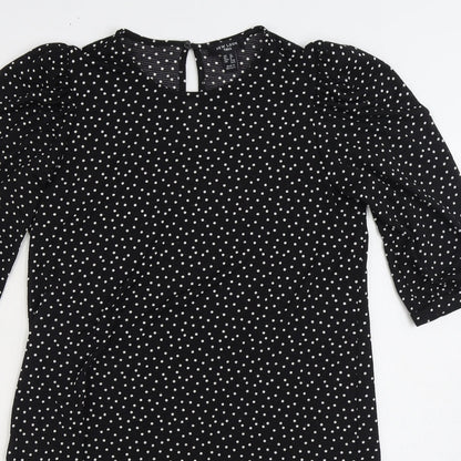 New Look Womens Black Polka Dot Polyester Fit & Flare Size 12 Round Neck Button