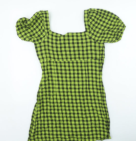 Noisy may Womens Yellow Plaid Cotton Bodycon Size L Sweetheart Zip