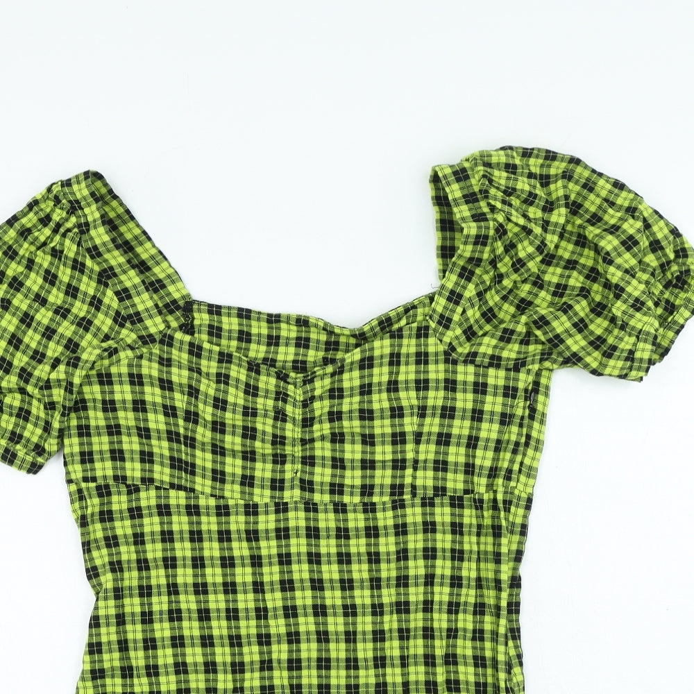 Noisy may Womens Yellow Plaid Cotton Bodycon Size L Sweetheart Zip