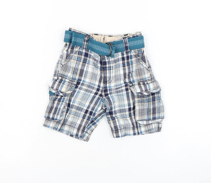 Matalan Boys Blue Plaid Cotton Cargo Trousers Size 9-12 Months Button