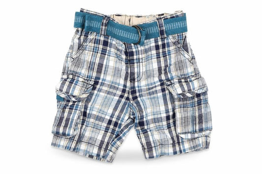 Matalan Boys Blue Plaid Cotton Cargo Trousers Size 9-12 Months Button