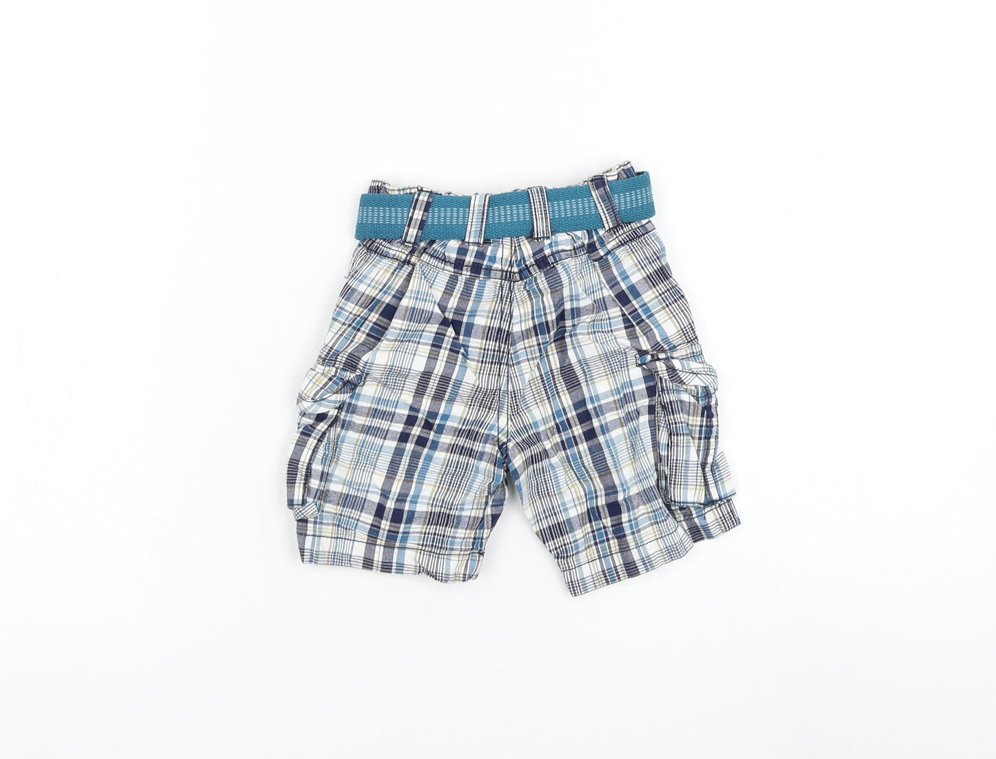 Matalan Boys Blue Plaid Cotton Cargo Trousers Size 9-12 Months Button