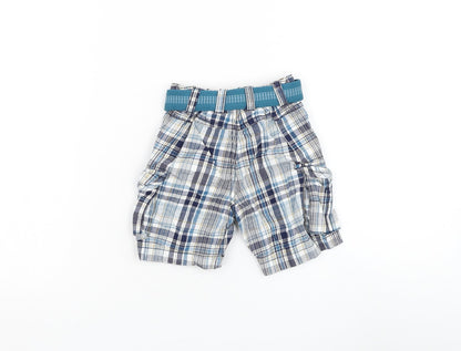 Matalan Boys Blue Plaid Cotton Cargo Trousers Size 9-12 Months Button