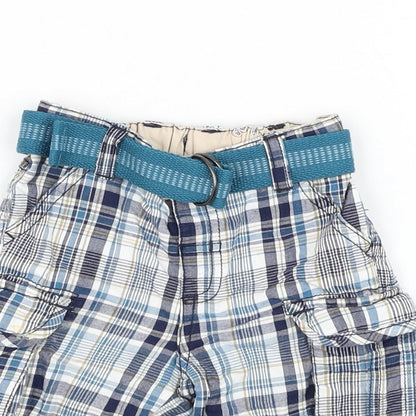 Matalan Boys Blue Plaid Cotton Cargo Trousers Size 9-12 Months Button