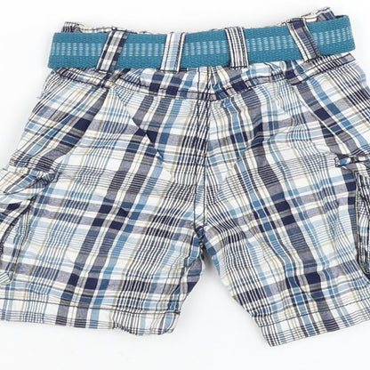 Matalan Boys Blue Plaid Cotton Cargo Trousers Size 9-12 Months Button