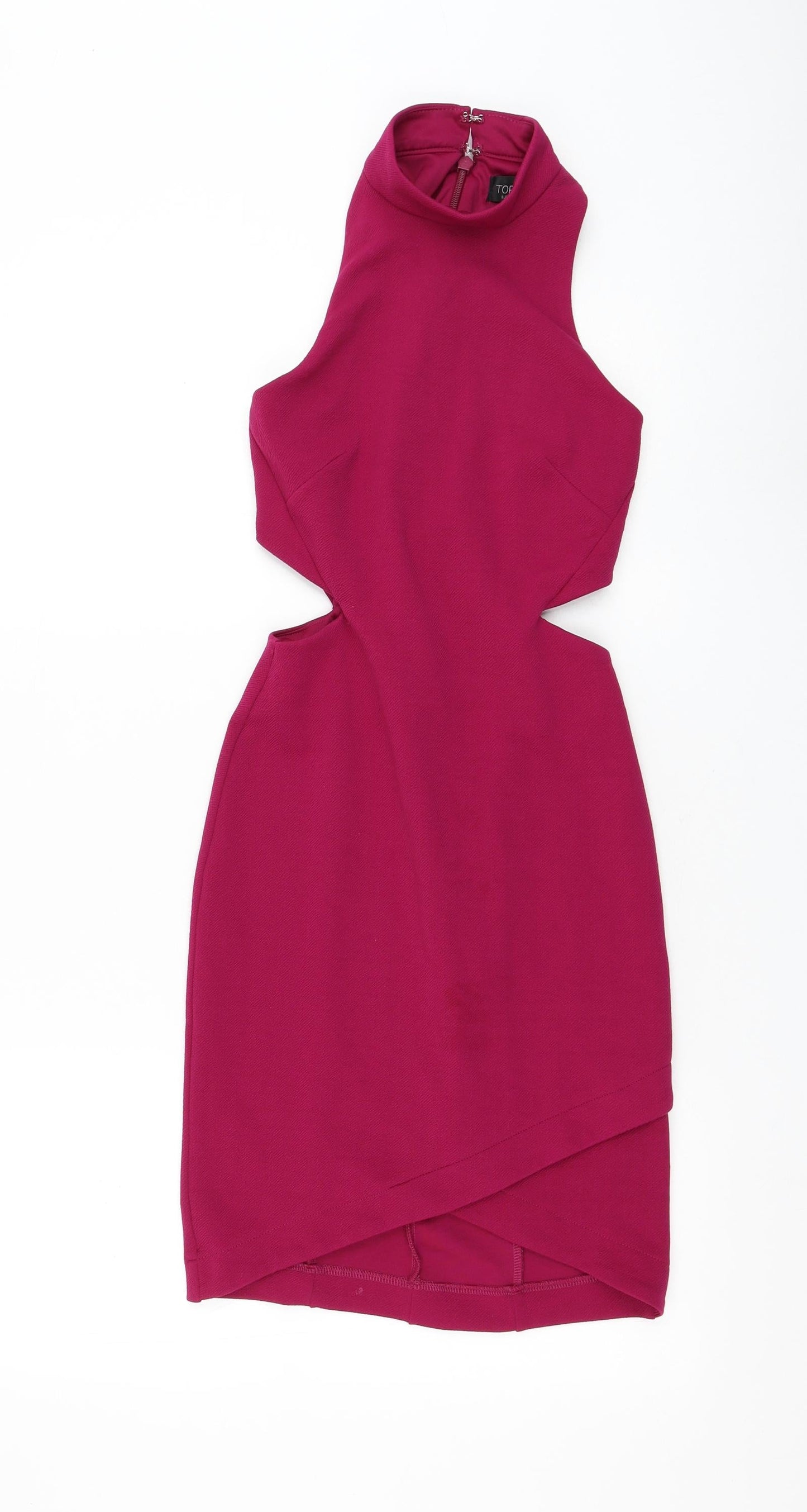 Topshop Womens Purple Polyester Bodycon Size 6 Mock Neck Zip - Cut Out Waist