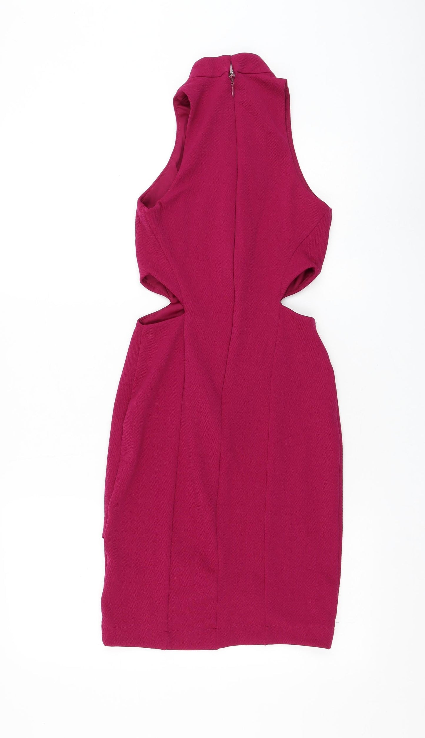Topshop Womens Purple Polyester Bodycon Size 6 Mock Neck Zip - Cut Out Waist