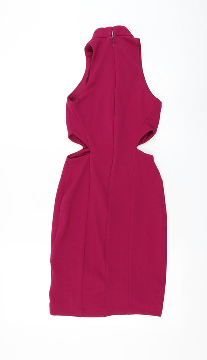 Topshop Womens Purple Polyester Bodycon Size 6 Mock Neck Zip - Cut Out Waist